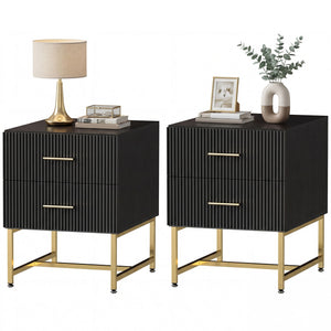 2 Pieces Nightstands with Storage, Modern Bedside Tables with 2 Fluted Drawers and Gold Legs for Bedroom