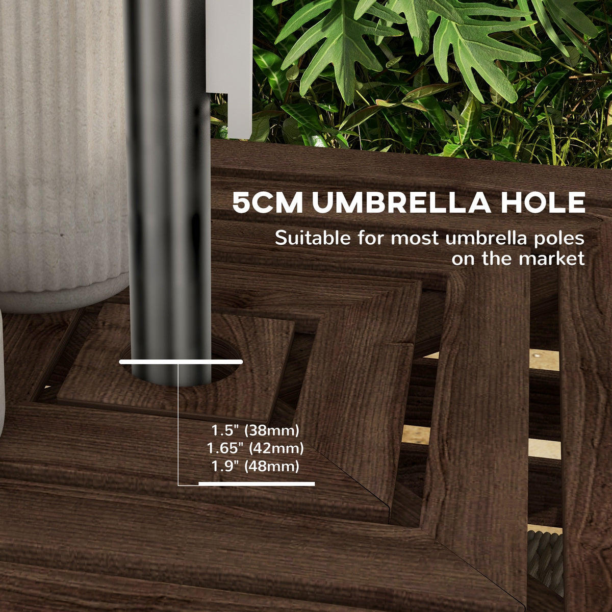 2-in-1 Outdoor Umbrella Base Storage Box Wooden Patio Side Table, Brown