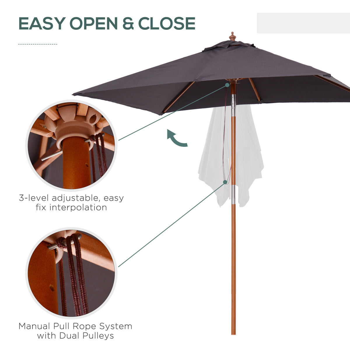6.6x5ft Square Market Parasol, Wooden Patio Umbrella with Tilt Mechanism and 6 Bamboo Ribs – view 5