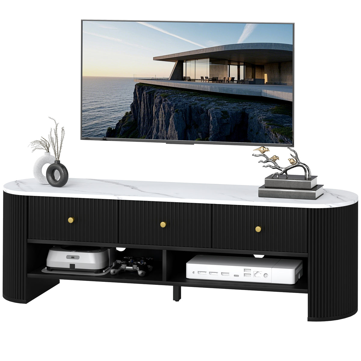 TV Stand, Modern TV Table with Marble-Effect Top, 3 Drawers and 2 Open Shelves for 32-65 Inch Television, Natural