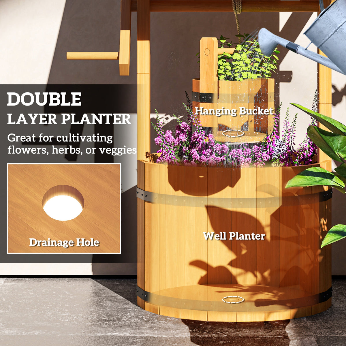 Wood Wishing Well Outdoor Wooden Planter with Hanging Bucket and Drainage Hole for Garden, Patio, Backyard, Natural