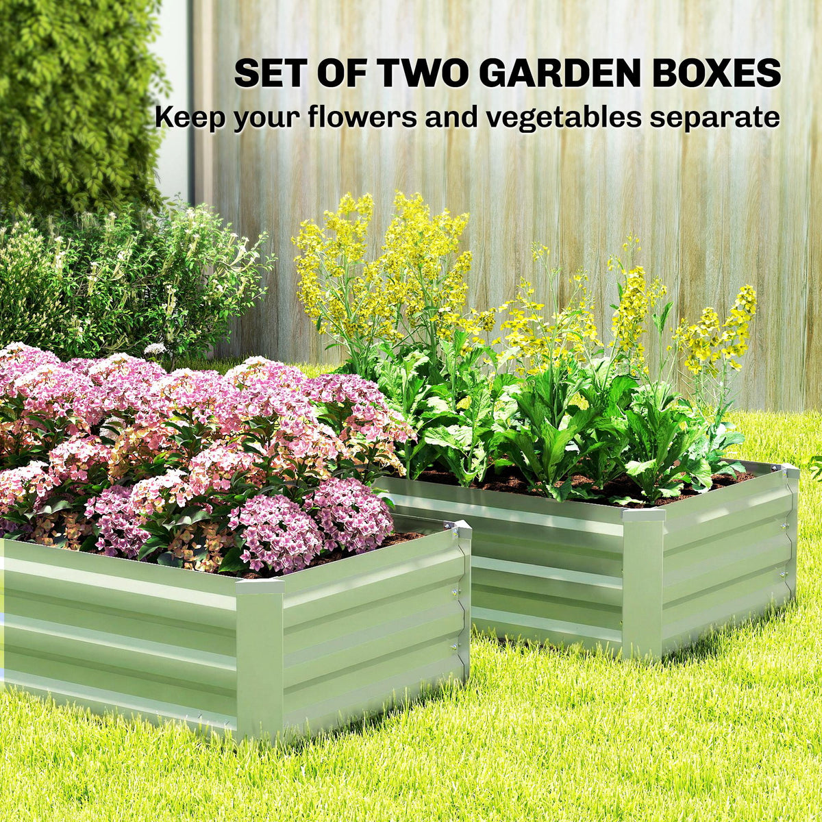 Set of 2 Galvanized Raised Beds for Garden, Outdoor Planter Box for Flowers, Herbs and Vegetables, Light Green