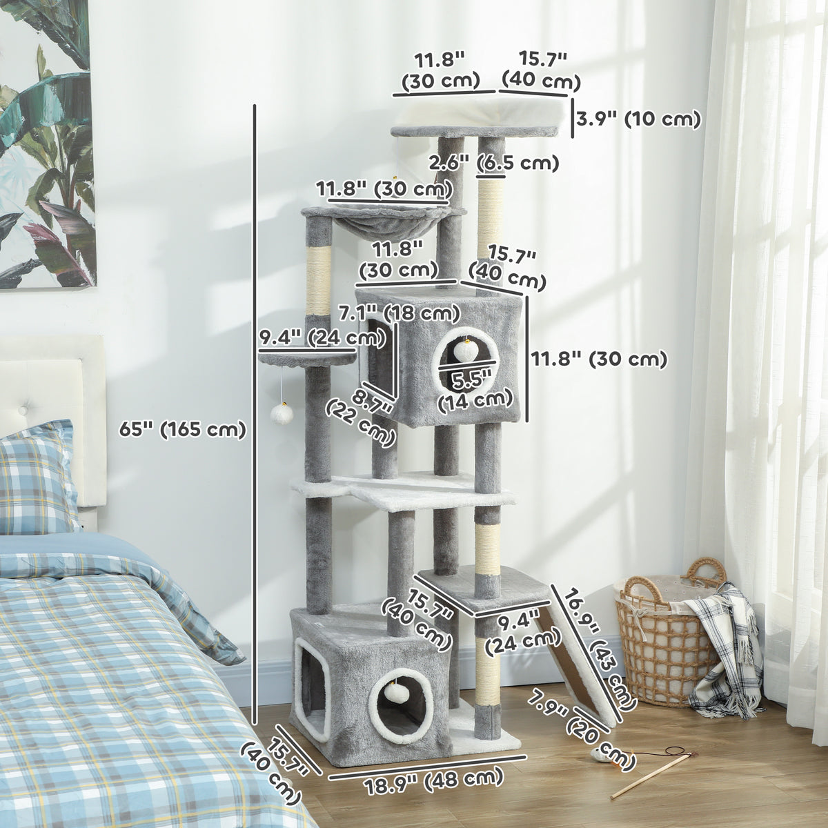 65 Inch Cat Tree with 2 Doors Condos, Plush Top Perch, Hammock, Sisal Scratching Posts, 4 Pompoms, Ramp – view 2