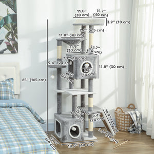 65 Inch Cat Tree with 2 Doors Condos, Plush Top Perch, Hammock, Sisal Scratching Posts, 4 Pompoms, Ramp – view 2
