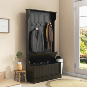 3-In-1 Hall Tree w/ Coat Rack, Shoe Storage and Bench Seat, Entryway Bench w/ 4 Hooks for Hallway, Living Room, White