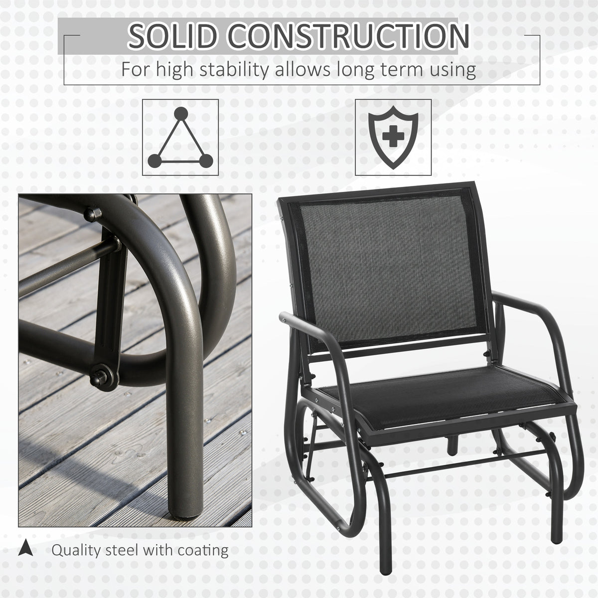 Patio Glider Outdoor Glider Chair with Breathable Mesh Seat & Backrest, Armrests and Metal Frame, Black