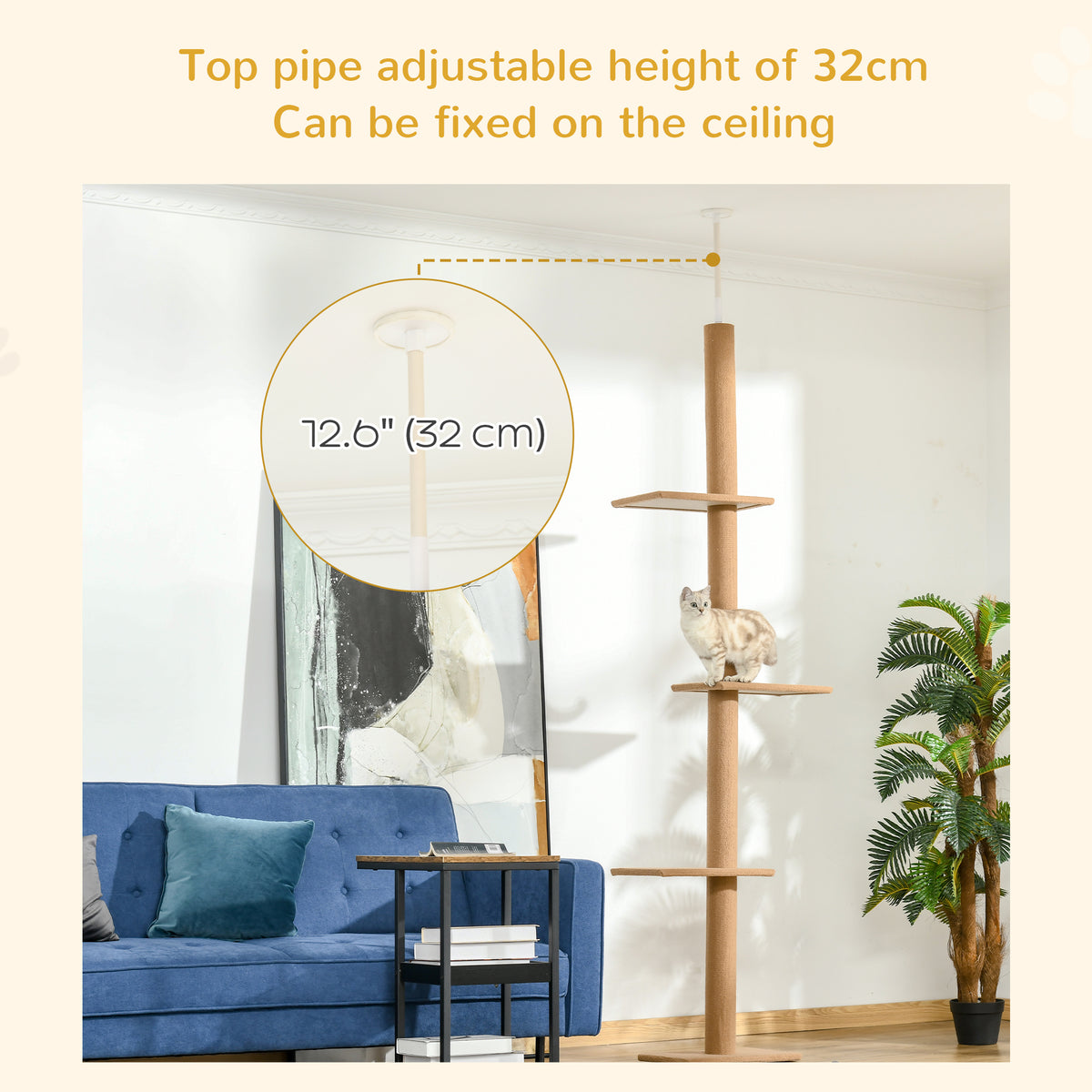 100" Floor To Ceiling Cat Tree w/ 3 Perches Activity Center for Kittens Cat Tower Furniture, Light Brown