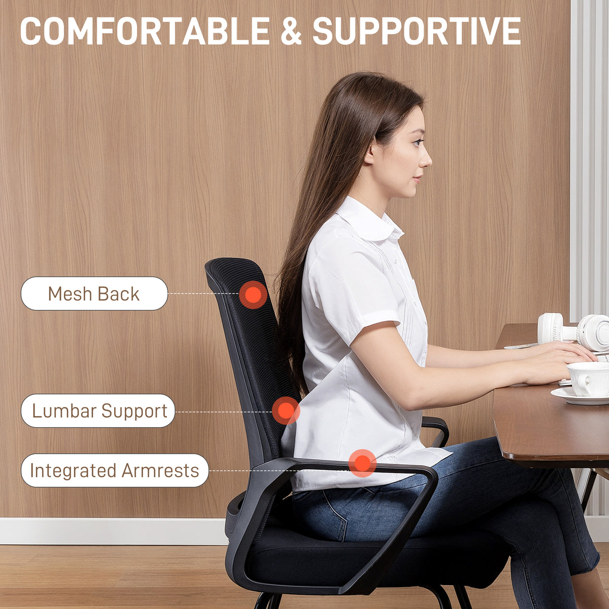 Desk Chair, Desk Chair No Wheels with Mesh Back, Lumbar Support, Metal Base for Reception, Conference