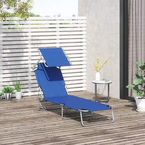 Outdoor Lounge Chair, Adjustable Folding Chaise Lounge,  Tanning Chair with Sun Shade for Beach, Camping, Hiking, Backyard, Blue