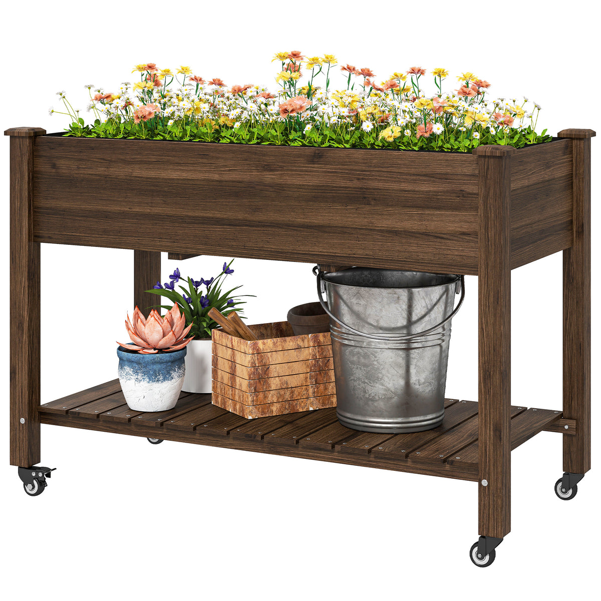 Mobile Raised Garden Bed Elevated Wood Planter Box with Lockable Wheels – view 15