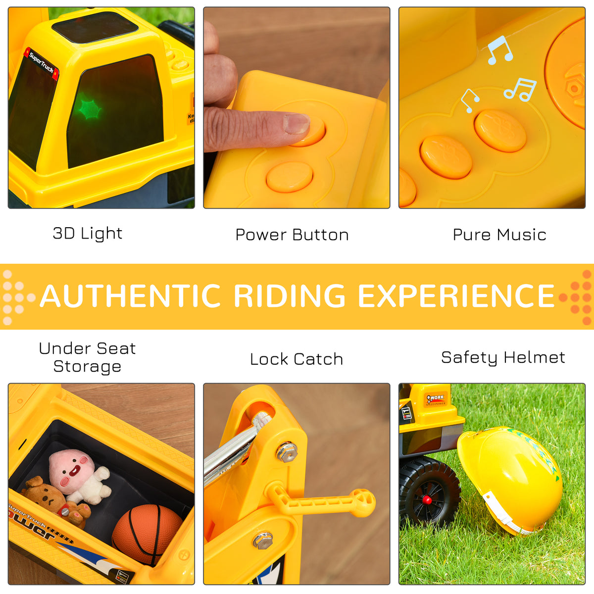 Qaba No Power Ride On Excavator Construction Digger Multi-Functional Truck Toy with 2 in 1 Design Detachable Digging Bucket and Grab Bucket, Music, Light, Yellow