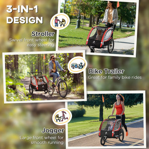 Aosom 3-in-1 Bike Trailer for Kids, Running Stroller with 2 Seats, Jogging Cart with 5-Point Harness, Storage Units