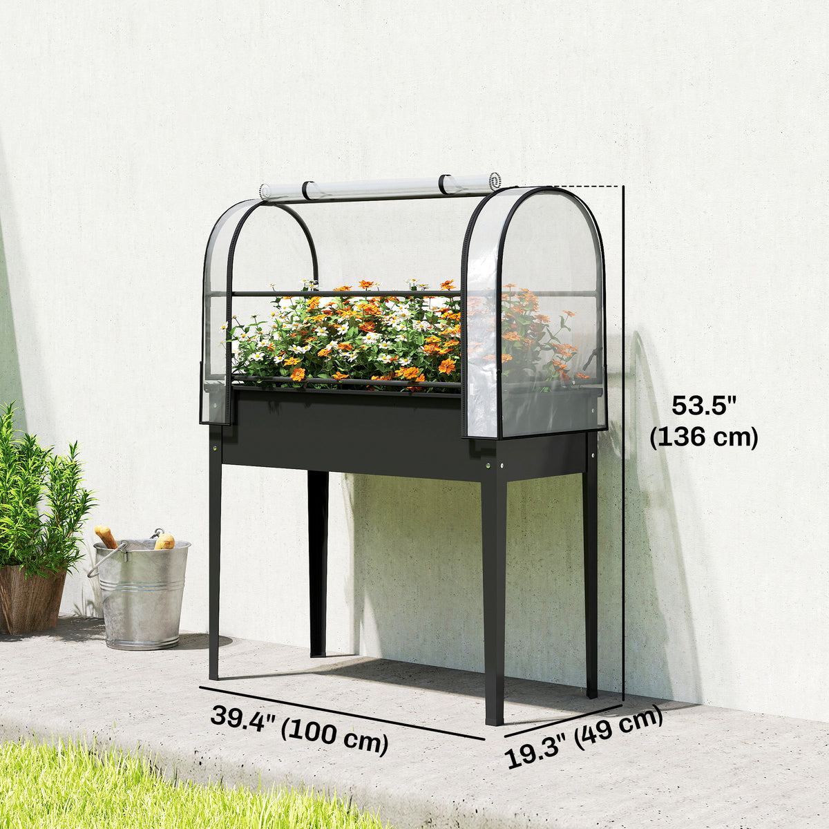Raised Garden Bed with Flip-Up Greenhouse Cover, Metal Elevated Garden Bed with Legs and Drainage Hole, Black