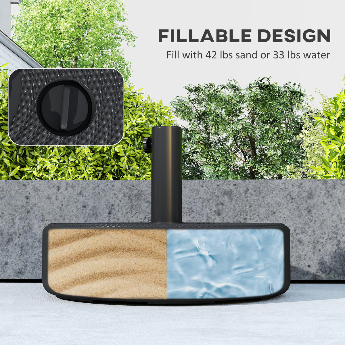 Patio Umbrella Base 33 lbs Water or 42 lbs Sand Filled, Outdoor Umbrella Stand for 1.5"/1.9" Poles Black
