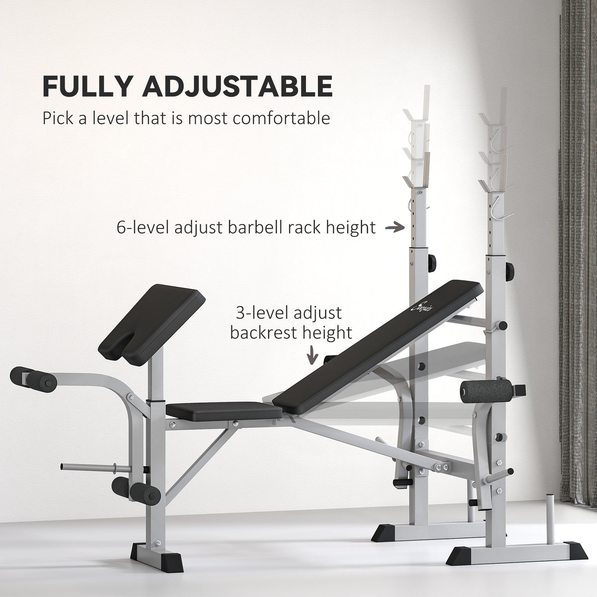 Soozier Bench Press Set Adjustable Weight Bench with Squat Rack, Preacher Curl Pad, Leg Developer and Weight Storage