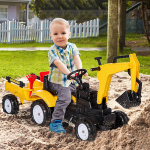 Aosom Ride on Tractor for Kids, Pedal Construction Car with Horn & Detachable Trailer for 3 Years Old, Yellow