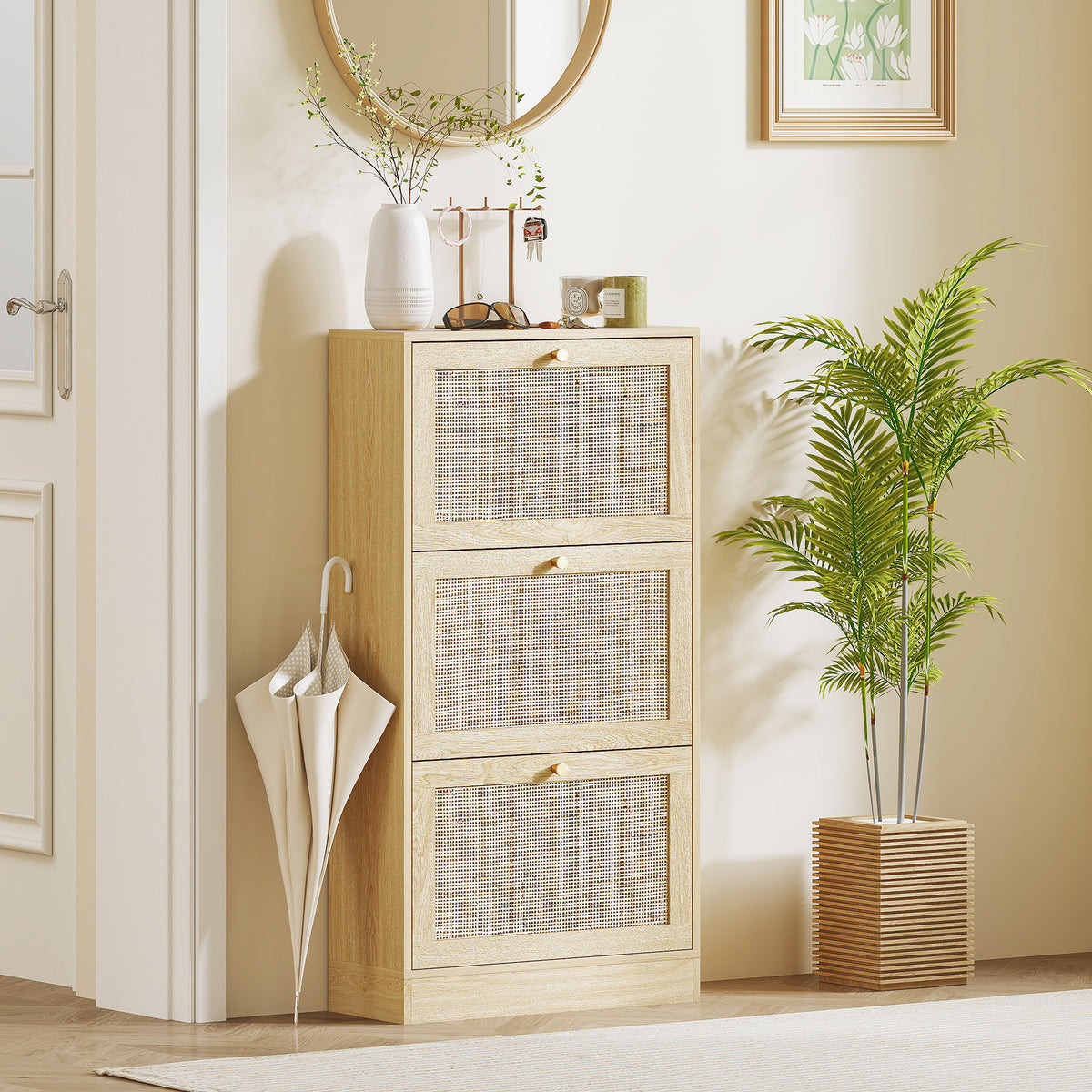 Rattan Shoe Storage Cabinet with 3 Flip Drawers and Adjustable Shelves, Entryway Shoe Cabinet for 18 Pairs – view 7