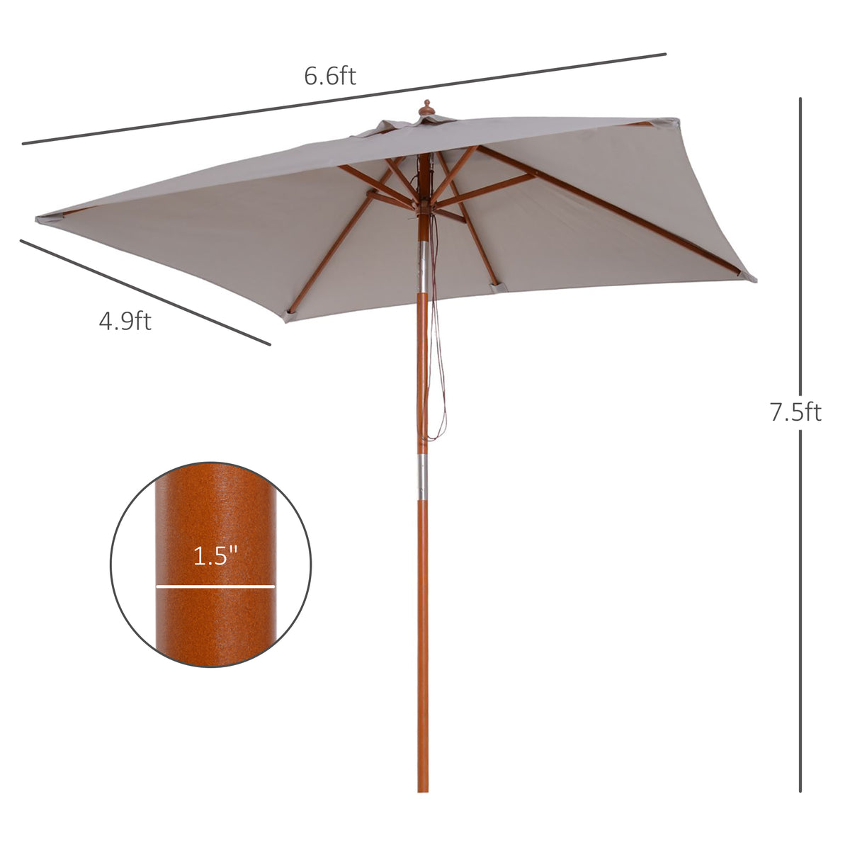 6.6x5ft Square Market Parasol, Wooden Patio Umbrella with Tilt Mechanism and 6 Bamboo Ribs – view 16