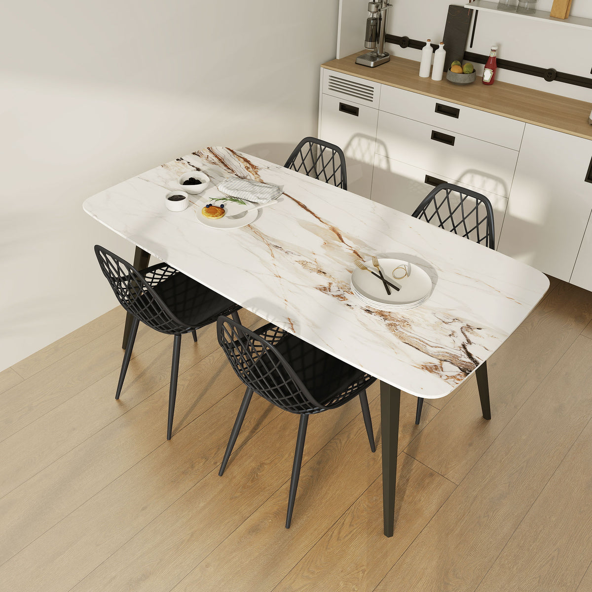 Modern Dining Chairs Set of 4, Plastic Kitchen Chairs with Hollow Backrest and Metal Legs for Living Dining Room, Black