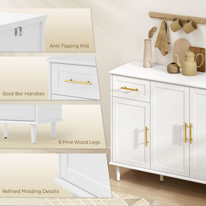 55" Buffet Cabinet with Soft-Close Doors, Modern Sideboard with 2 Drawers, 3 Adjustable Shelves and 4 Doors, White