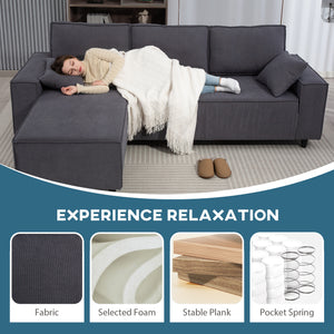 Corner Sofa with Changeable Chaise, Corduroy L-Shaped Sectional Sofa with Pocket Spring, 2 Pillows – view 4