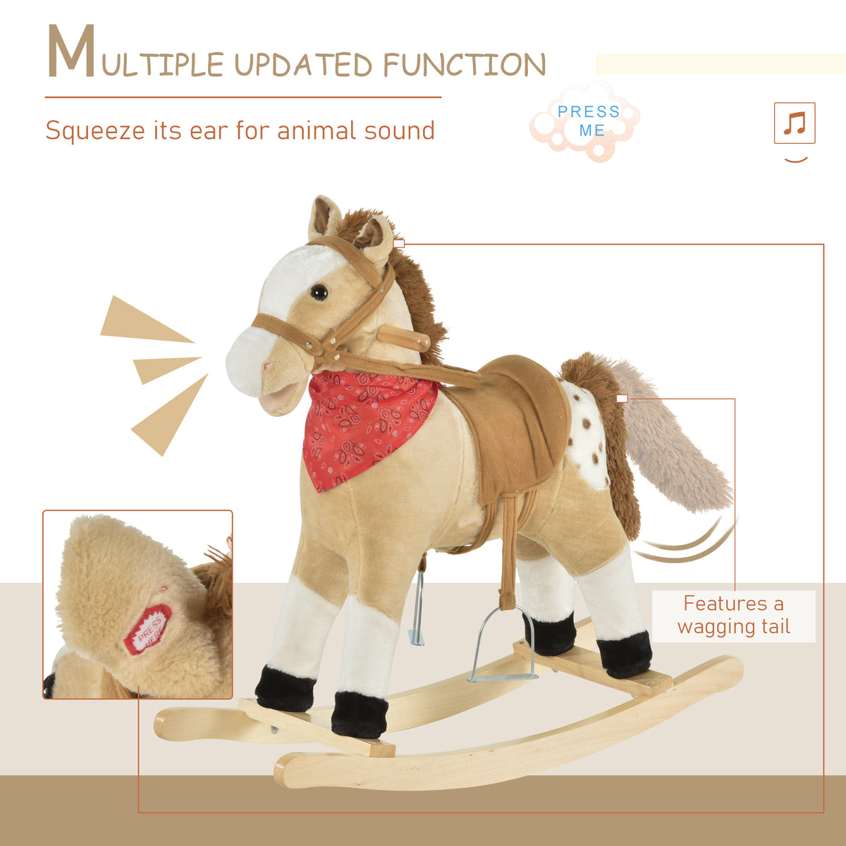 Qaba Kids Plush Ride-On Rocking Horse Toy Cowboy Rocker with Fun Realistic Sounds for Child 3-6 Years Old