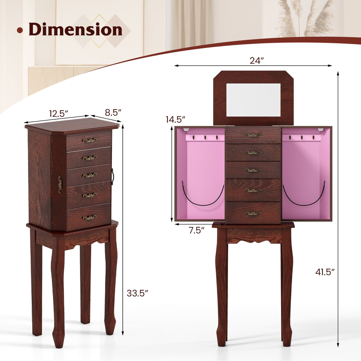 Large Storage Capacity Jewelry Cabinet with 5 Drawers-Walnut view 5