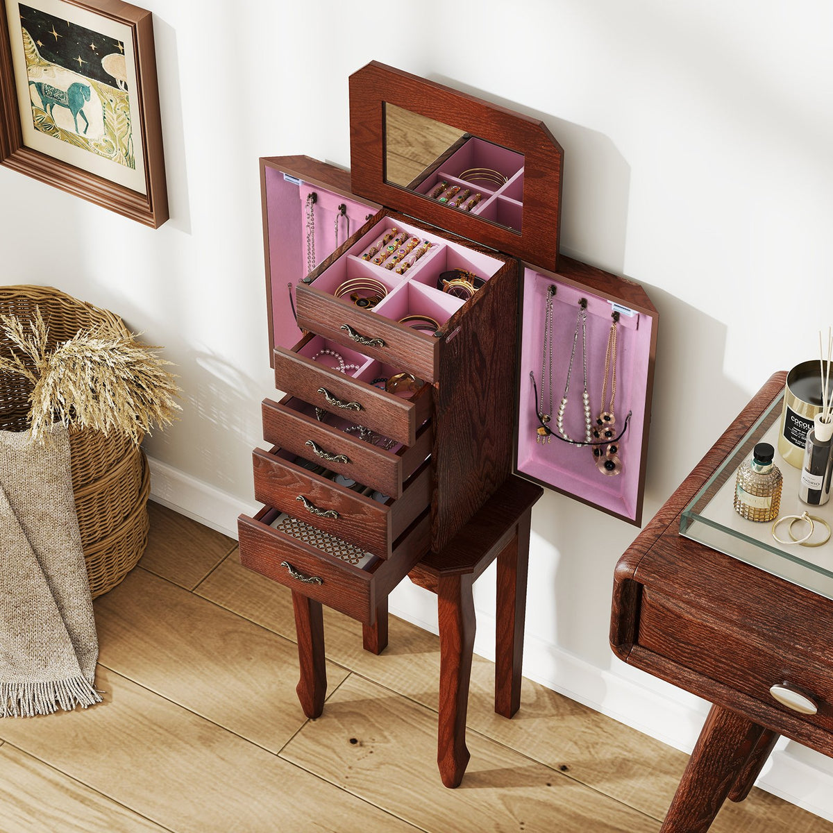 Large Storage Capacity Jewelry Cabinet with 5 Drawers-Walnut view 7