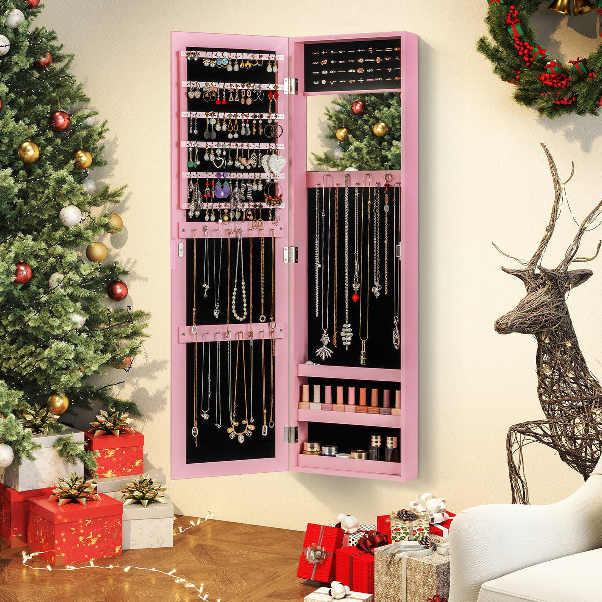 Jewelry Cabinet Wall or Door Mounted Jewelry Armoire Modern Hanging Jewelry Organizer-Pink view 2