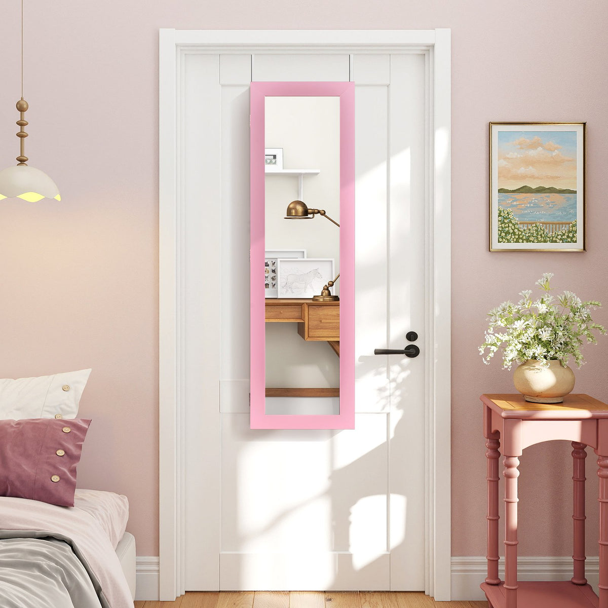 Jewelry Cabinet Wall or Door Mounted Jewelry Armoire Modern Hanging Jewelry Organizer-Pink view 3