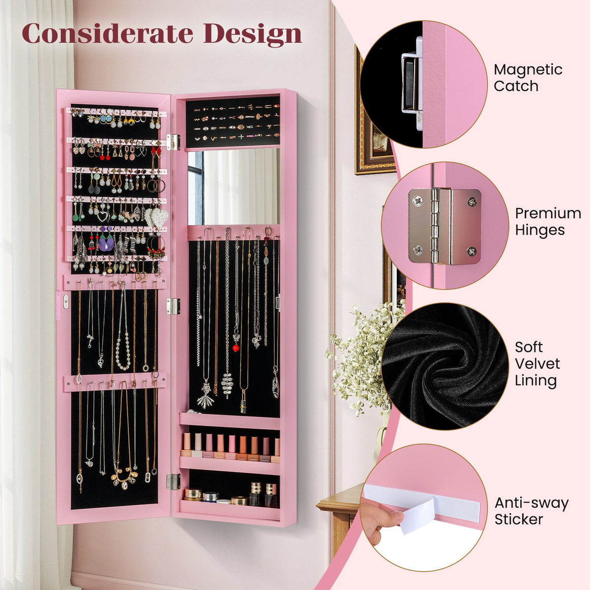 Jewelry Cabinet Wall or Door Mounted Jewelry Armoire Modern Hanging Jewelry Organizer-Pink view 6