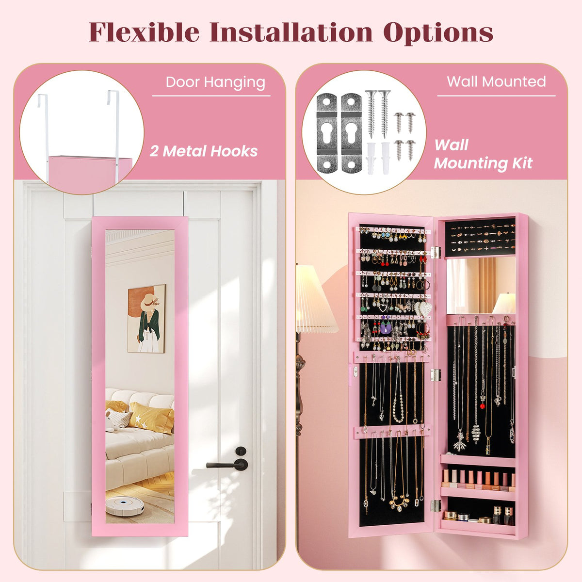 Jewelry Cabinet Wall or Door Mounted Jewelry Armoire Modern Hanging Jewelry Organizer-Pink view 9