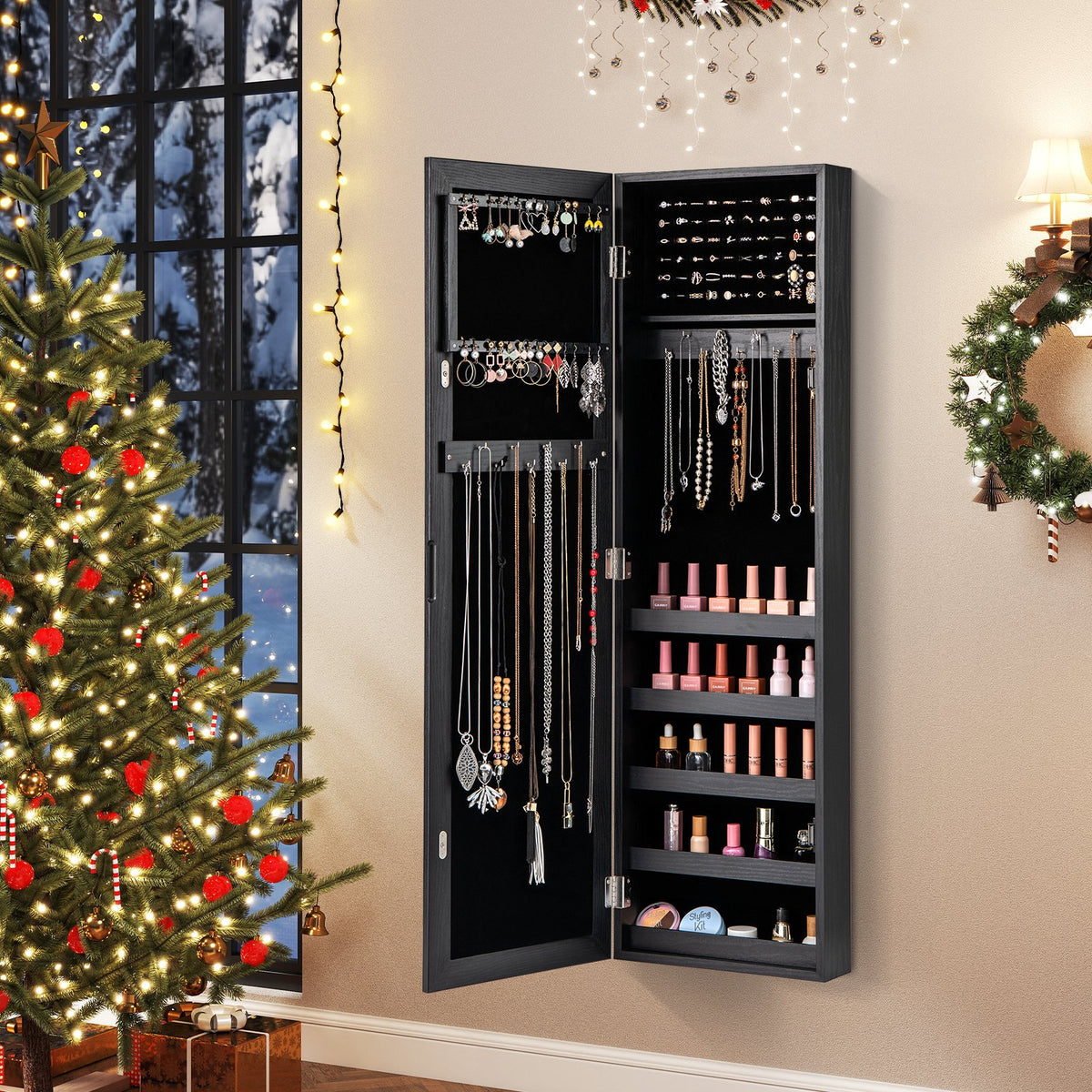 Jewelry Cabinet Wall or Door Mounted Jewelry Armoire with Full-Length Mirror-Black view 2