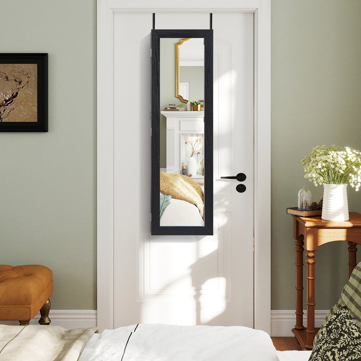 Jewelry Cabinet Wall or Door Mounted Jewelry Armoire with Full-Length Mirror-Black view 3