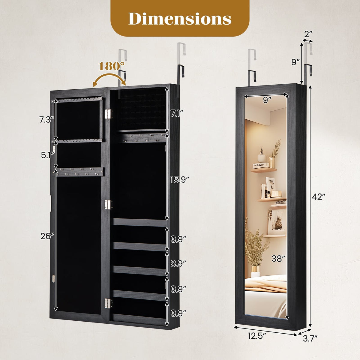 Jewelry Cabinet Wall or Door Mounted Jewelry Armoire with Full-Length Mirror-Black view 5