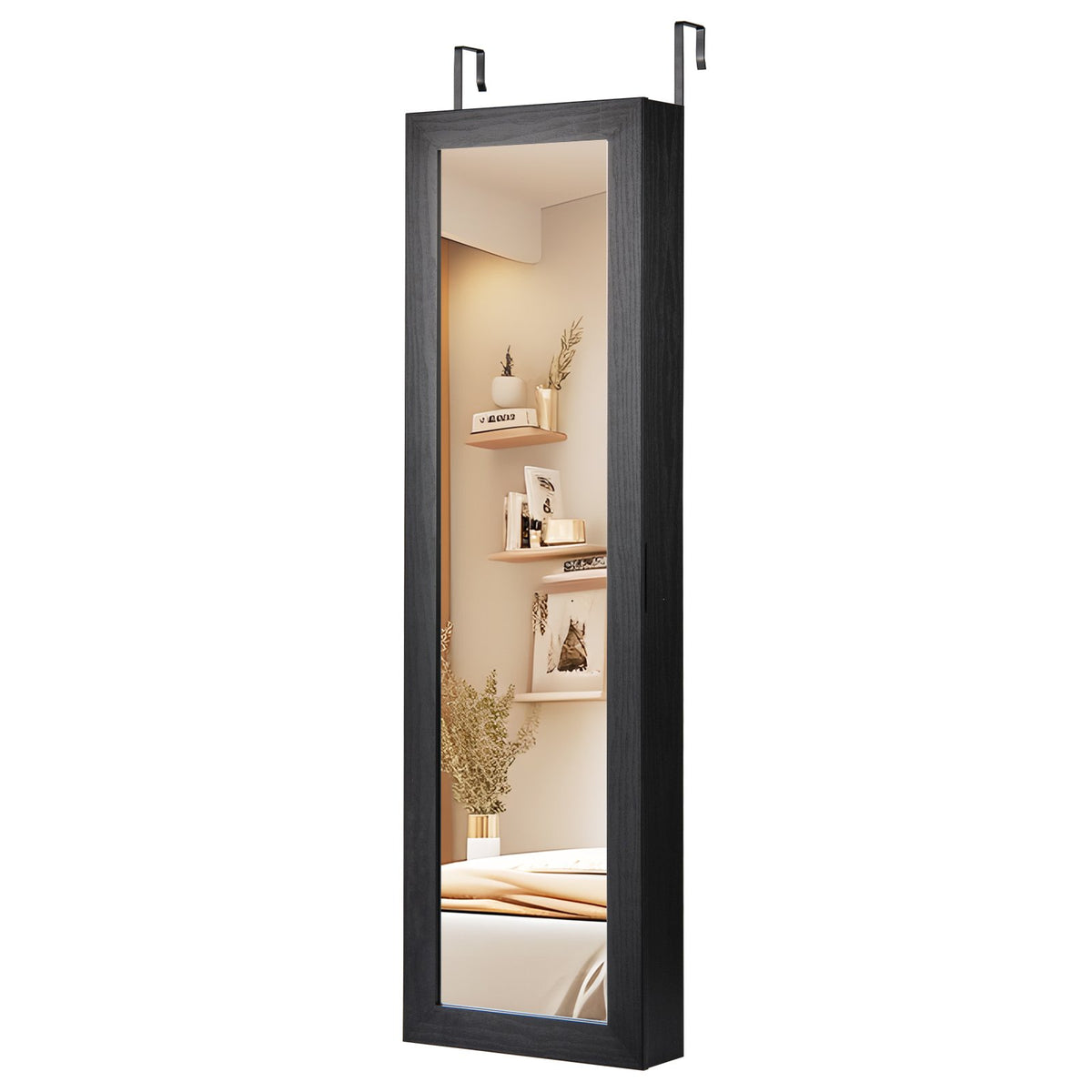Jewelry Cabinet Wall or Door Mounted Jewelry Armoire with Full-Length Mirror-Black view 6