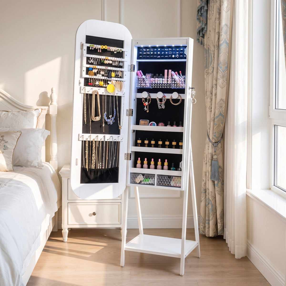 Jewelry Cabinet with Full-Length Mirror Large Storage Capacity-White view 2