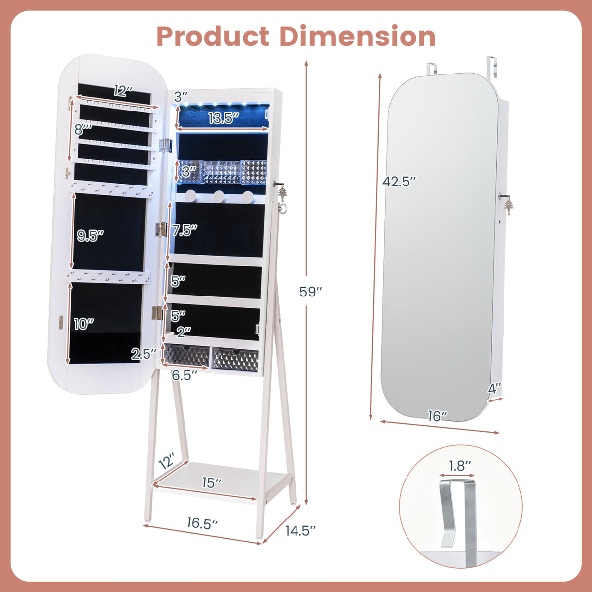 Jewelry Cabinet with Full-Length Mirror Large Storage Capacity-White view 5