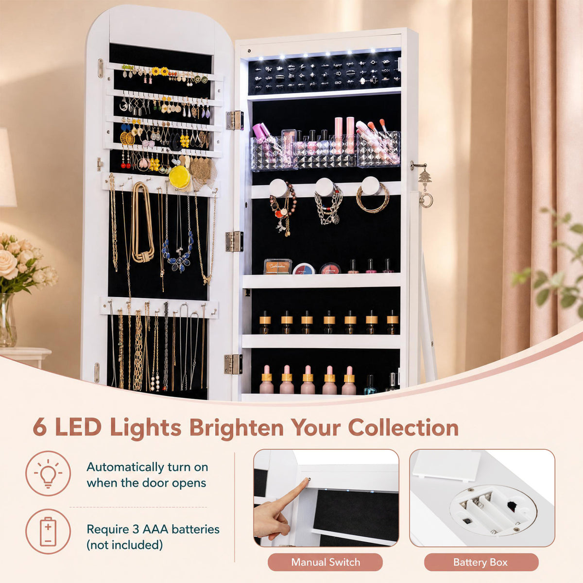 Jewelry Cabinet with Full-Length Mirror Large Storage Capacity-White view 6