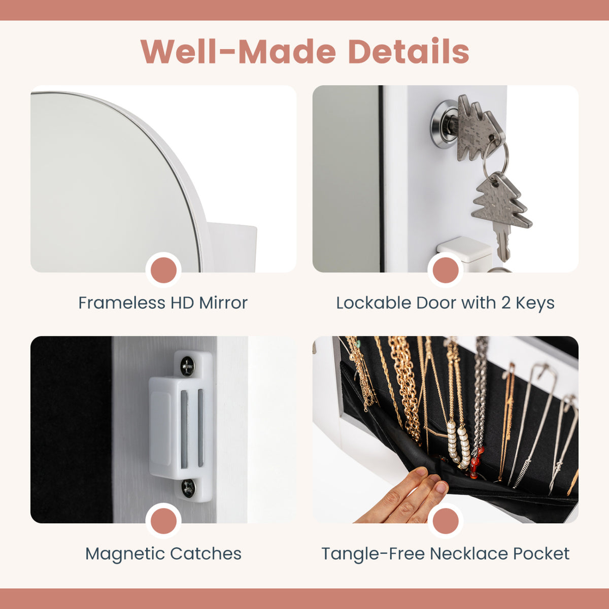 Jewelry Cabinet with Full-Length Mirror Large Storage Capacity-White view 8