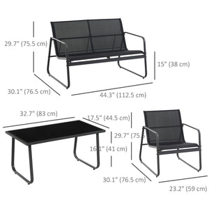 4 Piece Patio Furniture Set, Outdoor Conversation Set with Loveseat Sofa, Armchairs, Glass Top Coffee Table, Black