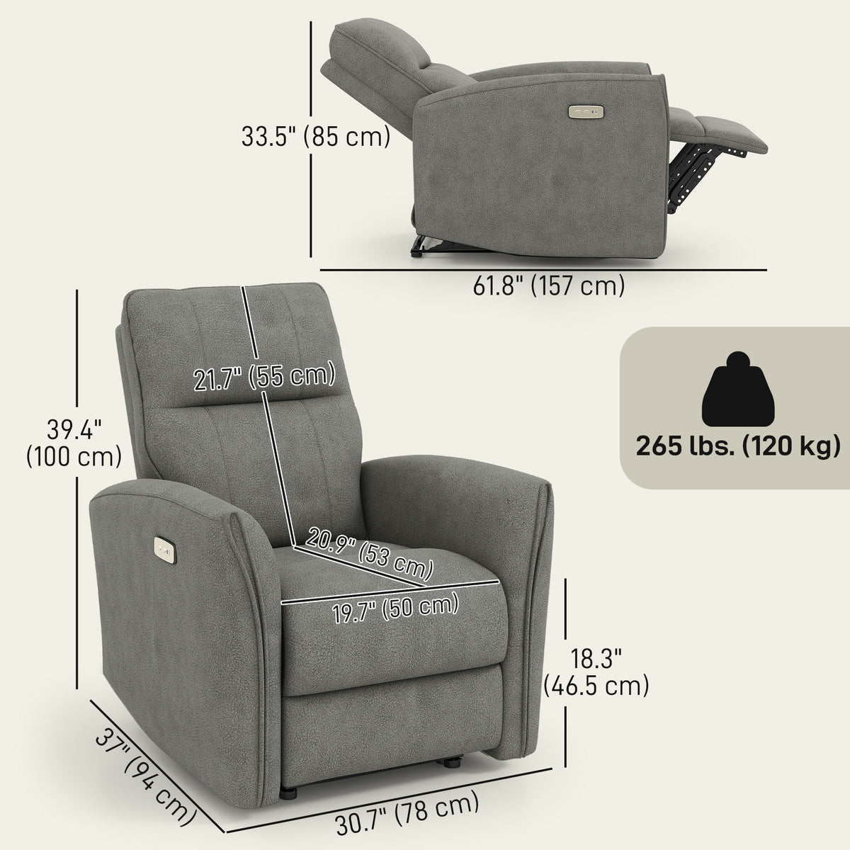 Power Recliner Chair, Dyed Fabric (Like Leathaire) Upholstered Recliner Chair with USB Ports, Footrest – view 16