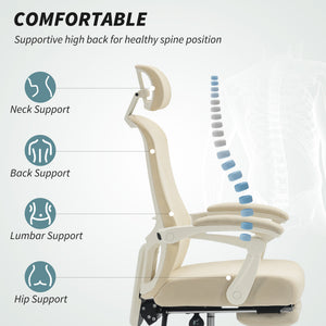 Ergonomic Office Chair, Mesh Reclining Desk Chair with Adjustable Lumbar Support, Headrest, Beige – view 3