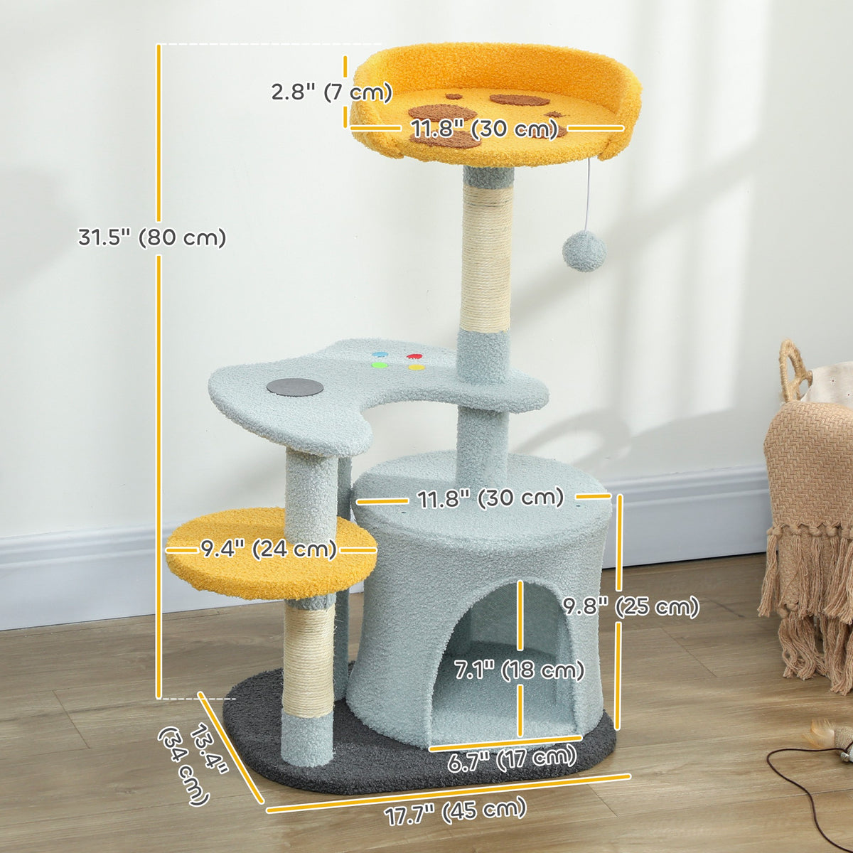 Cat Tree for Indoor Cats, 31.5 inch Cat Tower with Plush Perch, Platform, Condo, Scratching Post and Toy Ball, Blue