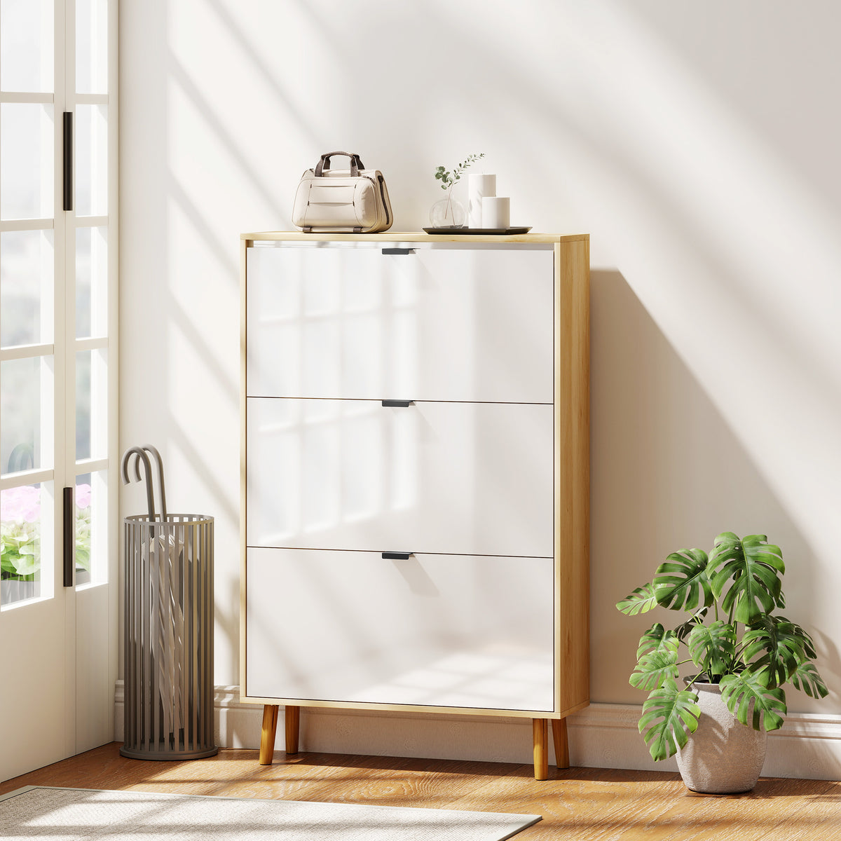 Narrow Shoe Cabinet, High Gloss Shoe Storage Cabinet with 2 Flip Drawers and Adjustable Shelves – view 14