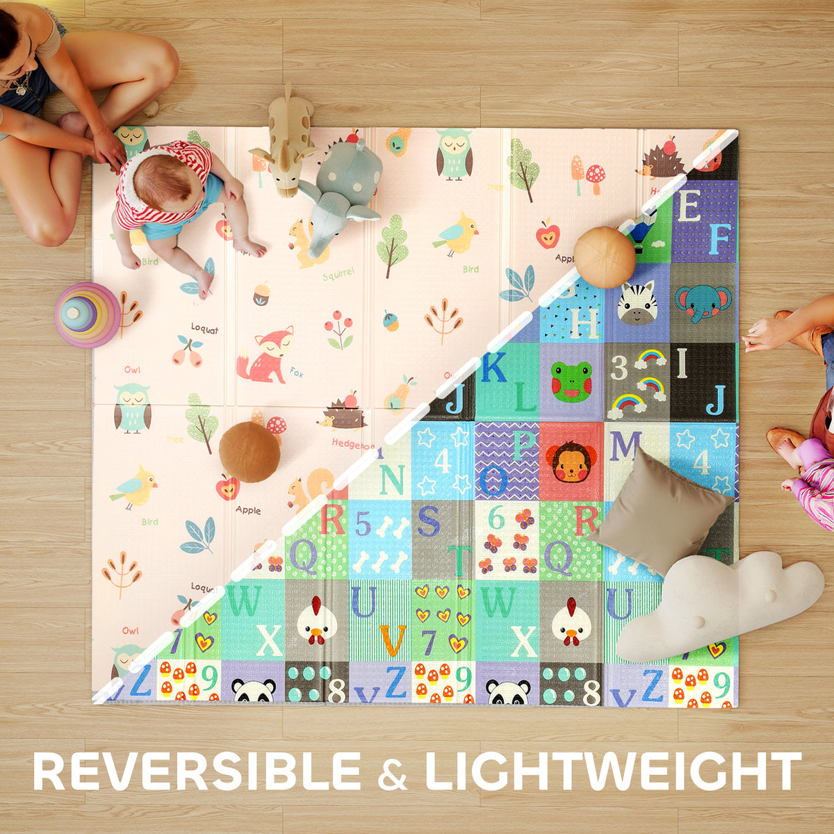 Qaba Foldable Baby Plat Mat, 71" x 59" Kids Floor Mat for Crawling and Learning, Number & Animal Theme