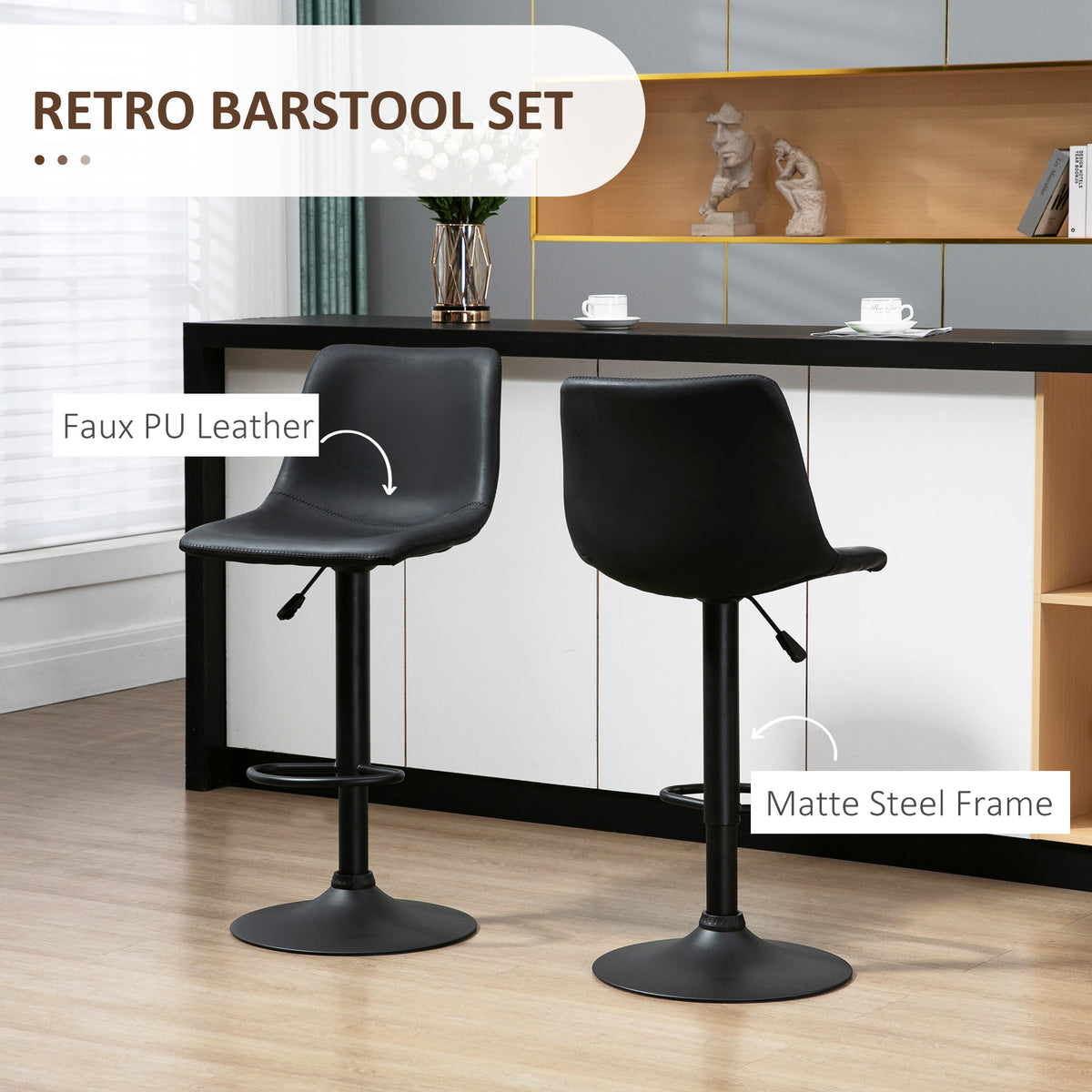 Adjustable Counter Height Bar Stools Set of 2, 360° Swivel Kitchen Counter Stools Dining Chairs with Backs, Vintage Leather, Brown