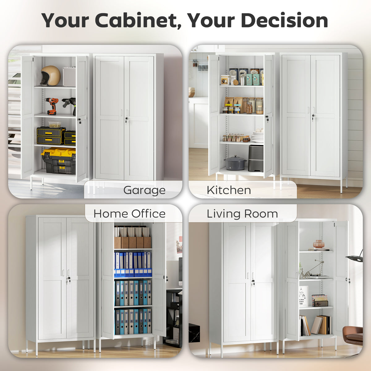 Office Storage Cabinet, Lockable Filing Cabinet with 3 Adjustable Shelves and 2 Doors for Home Office, Garage, White