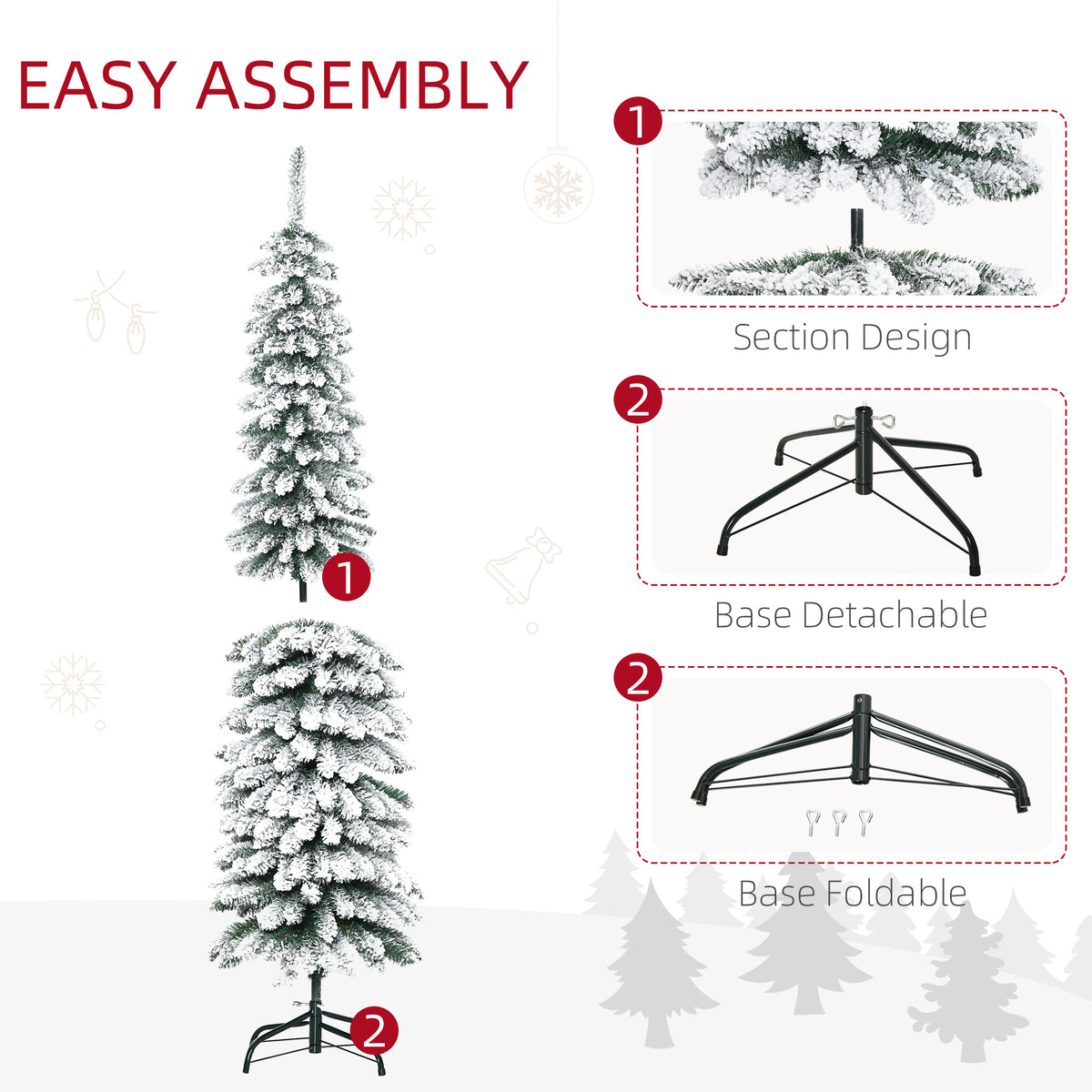6 Ft Snow-Flocked Artificial Christmas Tree, Slim Pencil Xmas Tree with Realistic Branches, Metal Base – view 8
