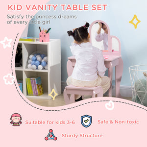Qaba Kids Dressing Table and Chair Set, Girls Dressing Set, Makeup Desk with Drawer for 3-6 Years Old Kids
